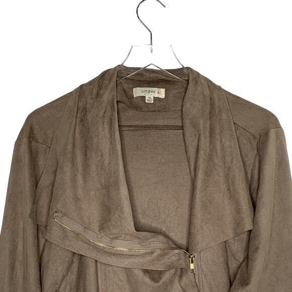 Umgee 1XL Soft Suede Moto Jacket in Mocha Asymmetrical Zip Fitted Draped Collar - Picture 4 of 9